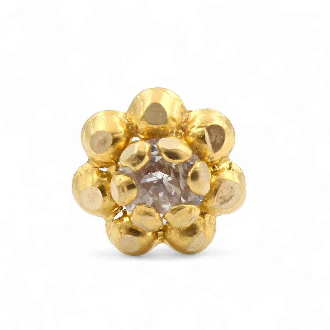 Floral tiny 18K Real Gold White CZ Nose stud nose ring Push Pin