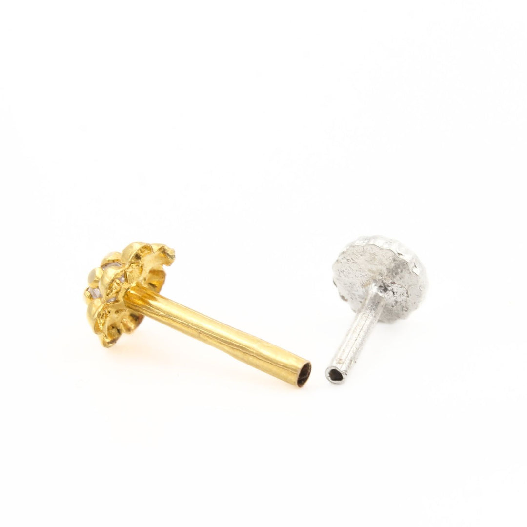 Floral tiny 18K Real Gold White CZ Nose stud nose ring Push Pin