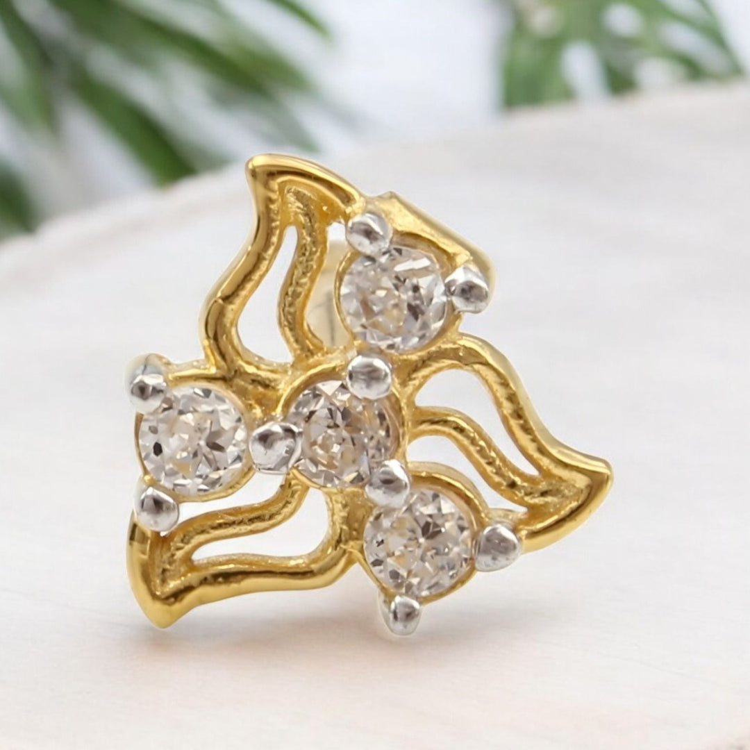 Cute floral 18K Real Gold White CZ Nose stud nose ring Push Pin