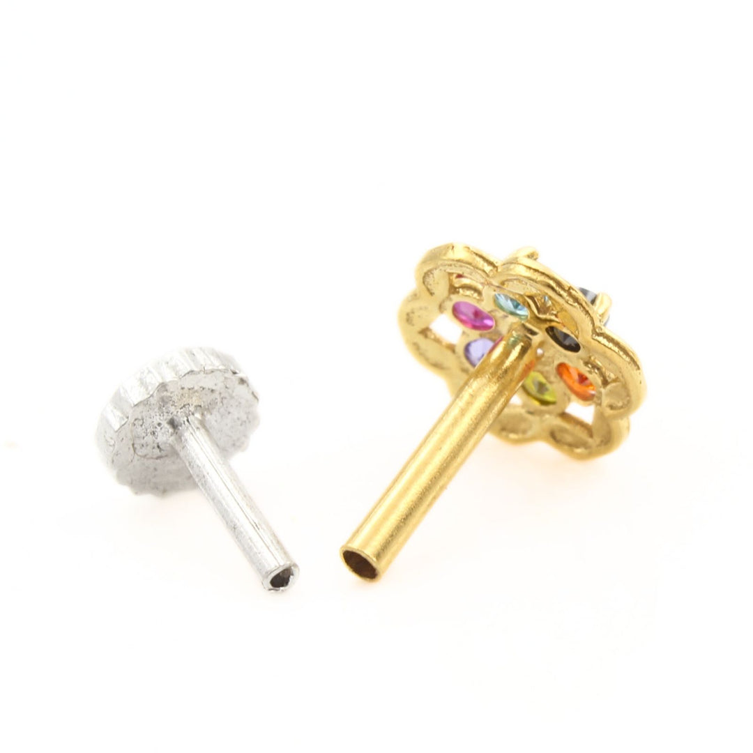 Floral 18K Real Gold Multi CZ Nose stud nose ring Push Pin