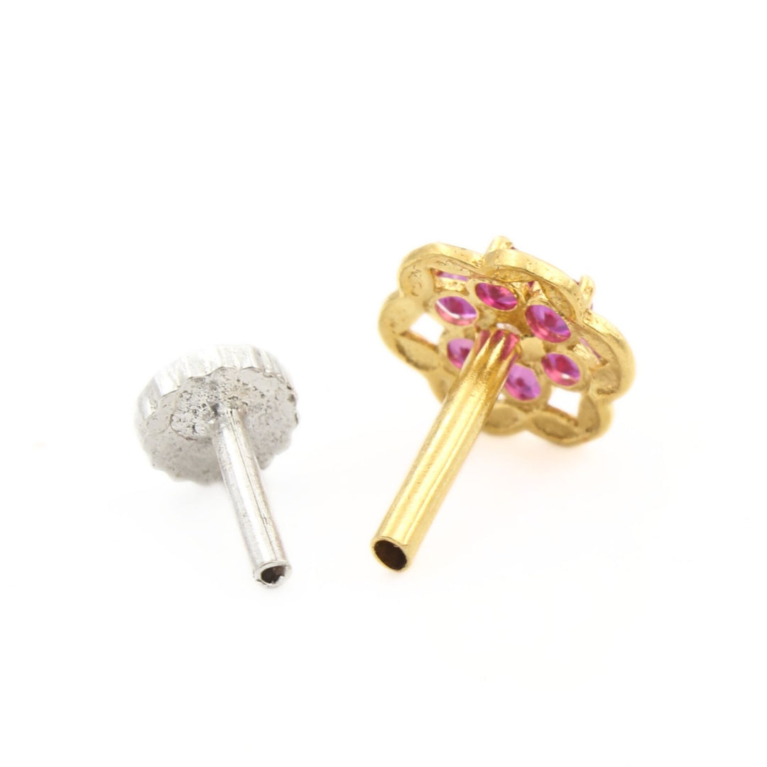 Floral 18K Real Gold Pink White CZ Nose stud nose ring Push Pin
