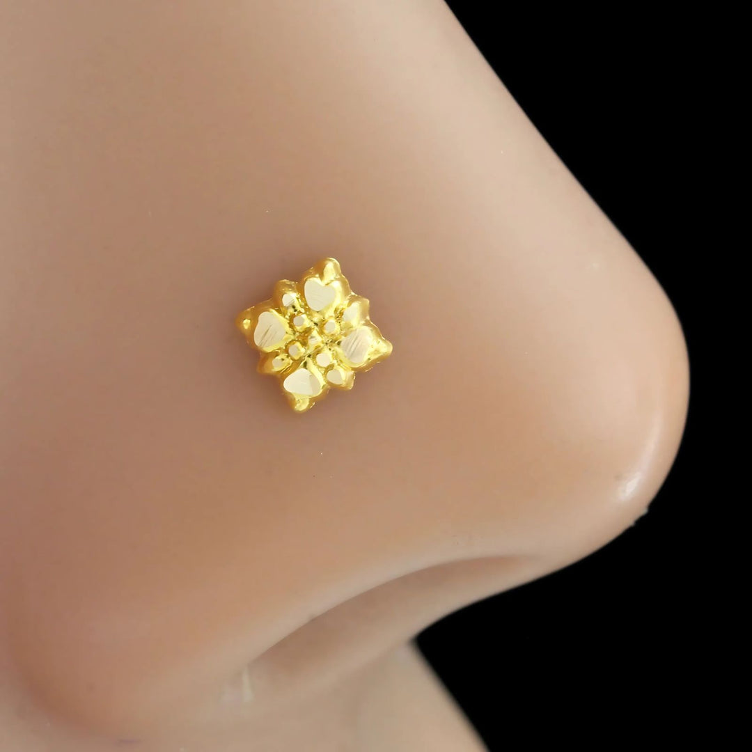 18K Real Gold floral square Nose stud nose ring Push Pin
