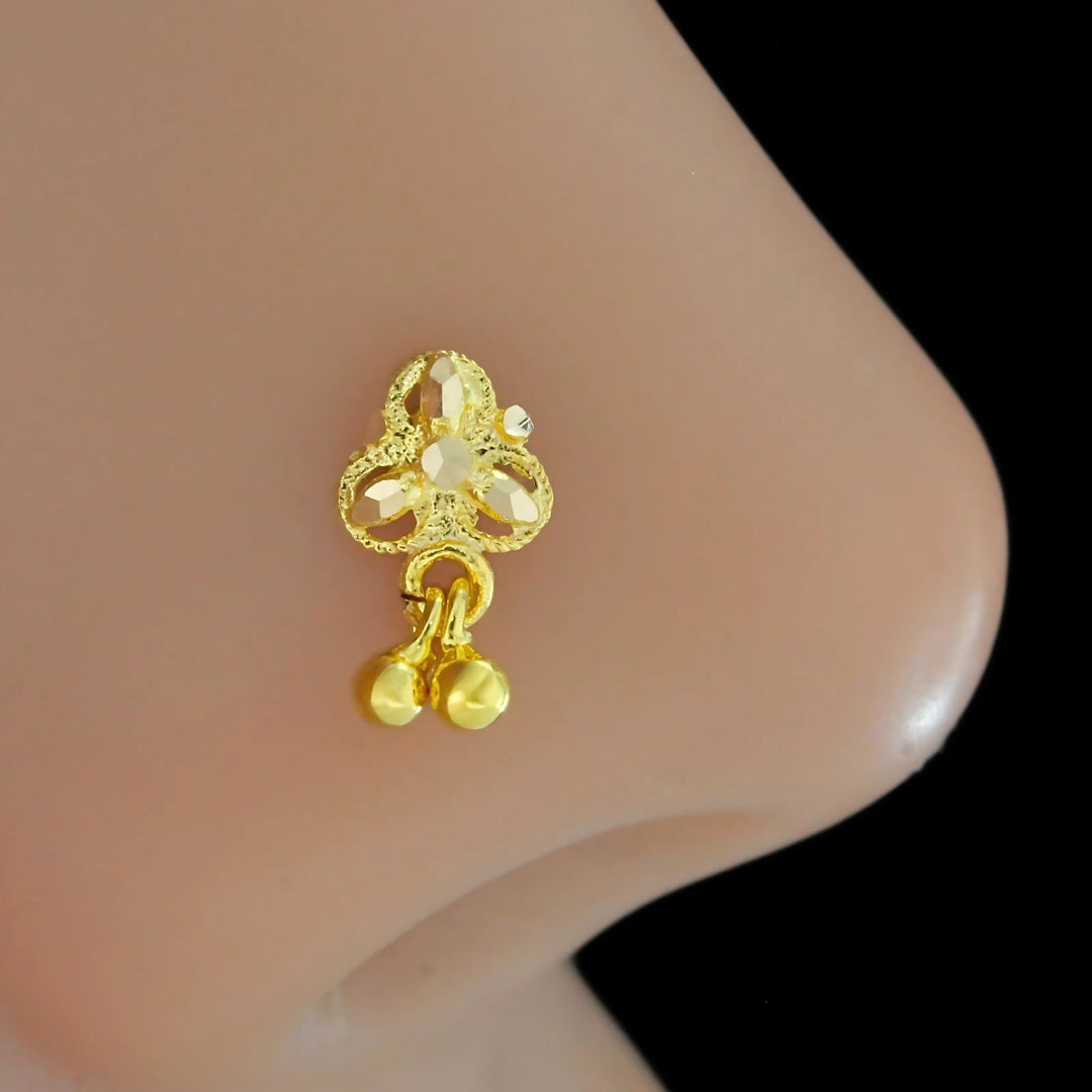 Indian 18K Real Gold handmade dangle style Nose stud nose ring Push Pin