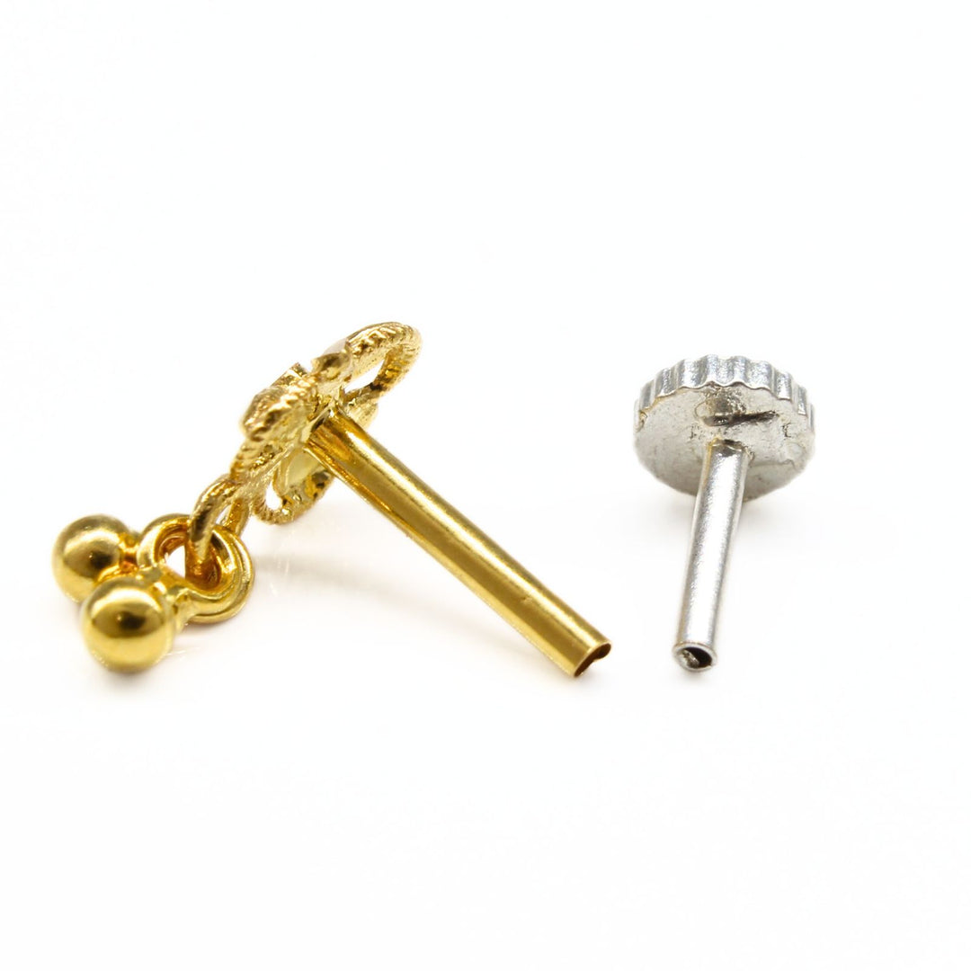 Indian 18K Real Gold handmade dangle style Nose stud nose ring Push Pin
