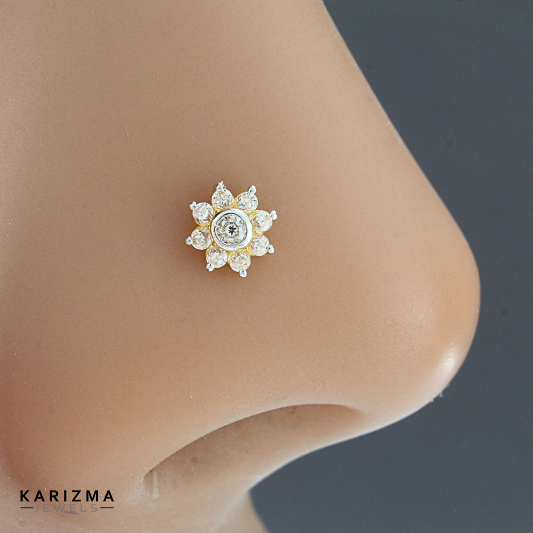 18K Real Gold Indian Women White CZ Star Nose stud nose ring Push Pin