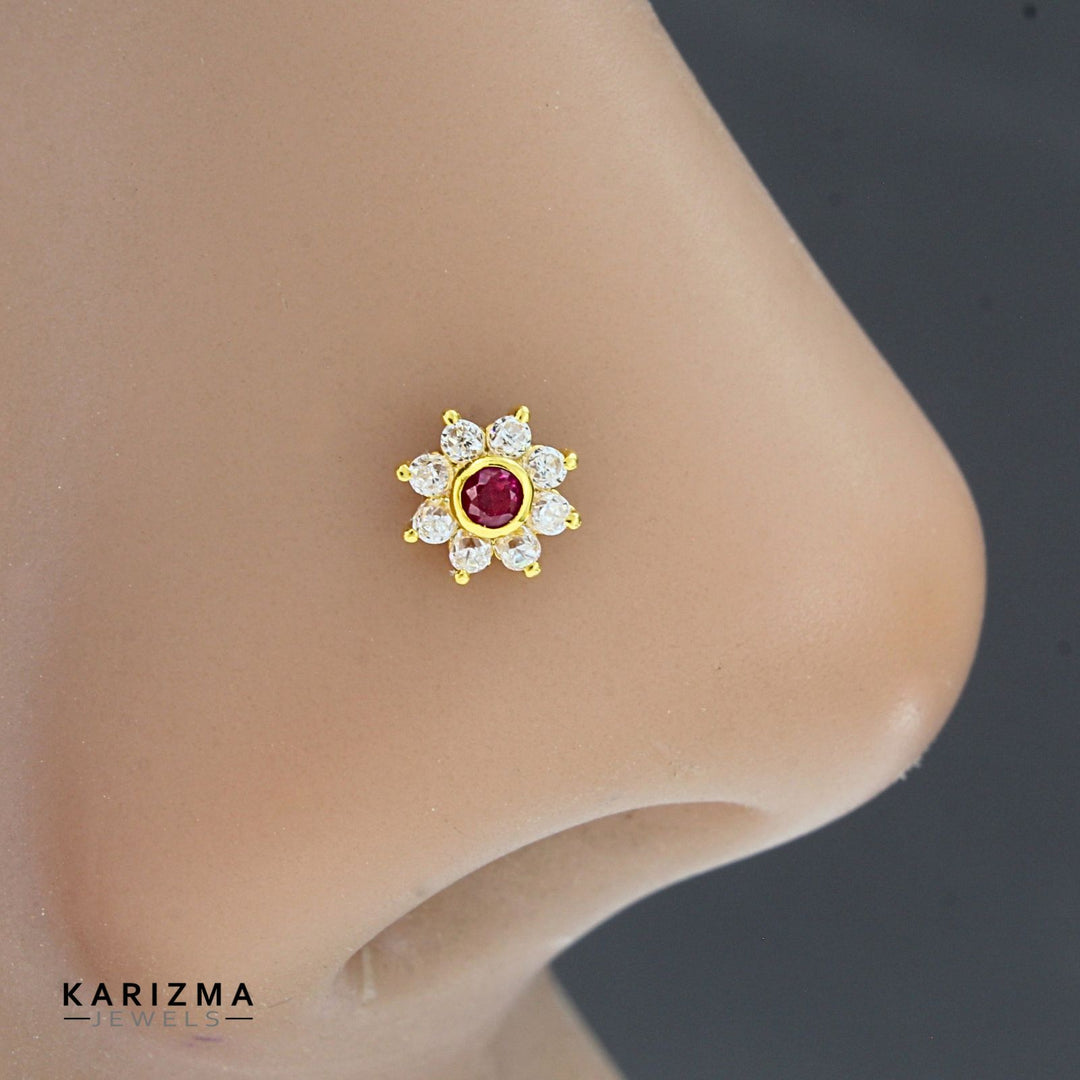 18K Real Gold Indian Women Pink White CZ star Nose stud nose ring Push Pin