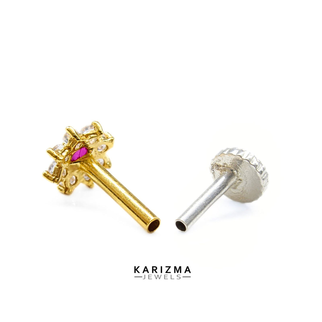 18K Real Gold Indian Women Pink White CZ star Nose stud nose ring Push Pin