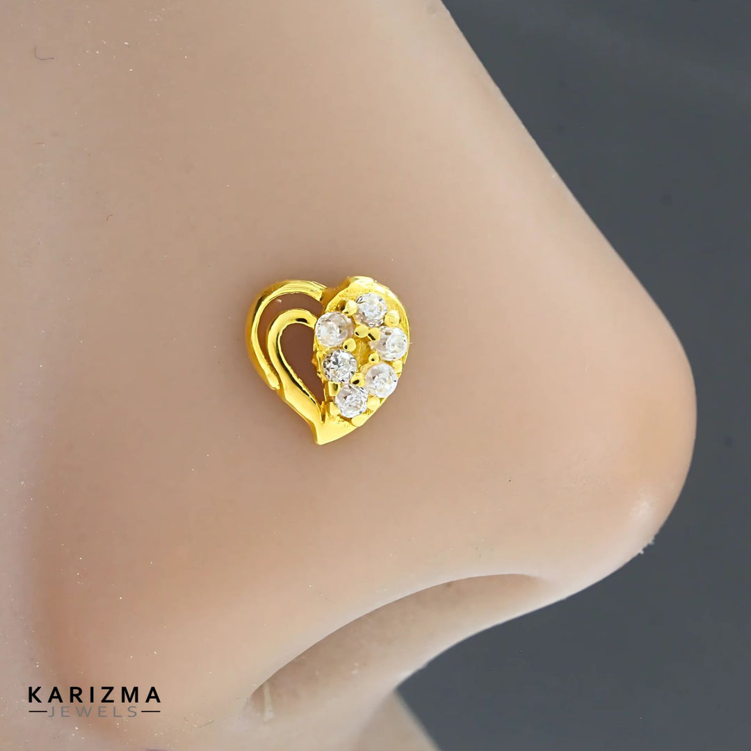 18K Real Gold Indian Women White CZ Heart shape Nose stud nose ring Push Pin