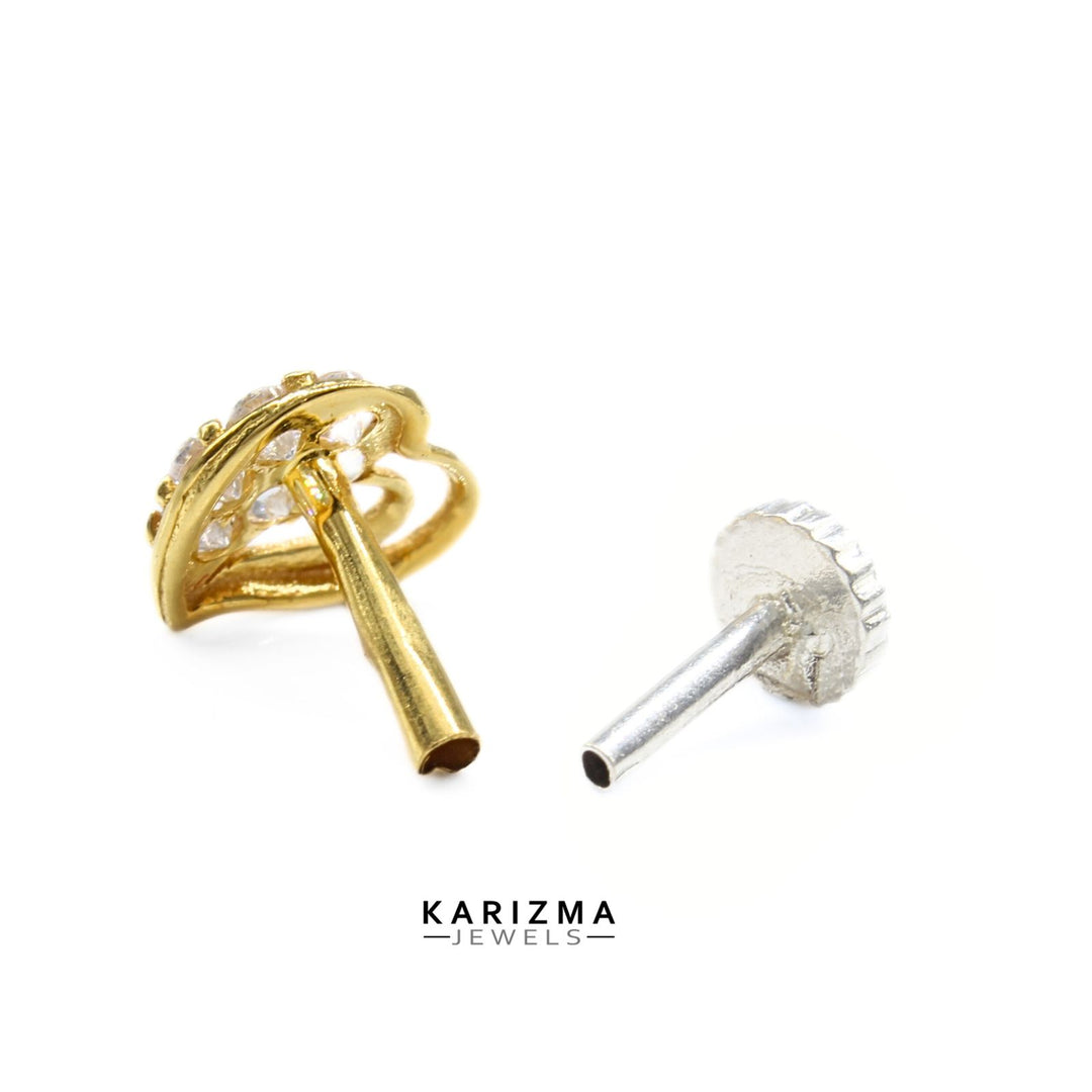 18K Real Gold Indian Women White CZ Heart shape Nose stud nose ring Push Pin