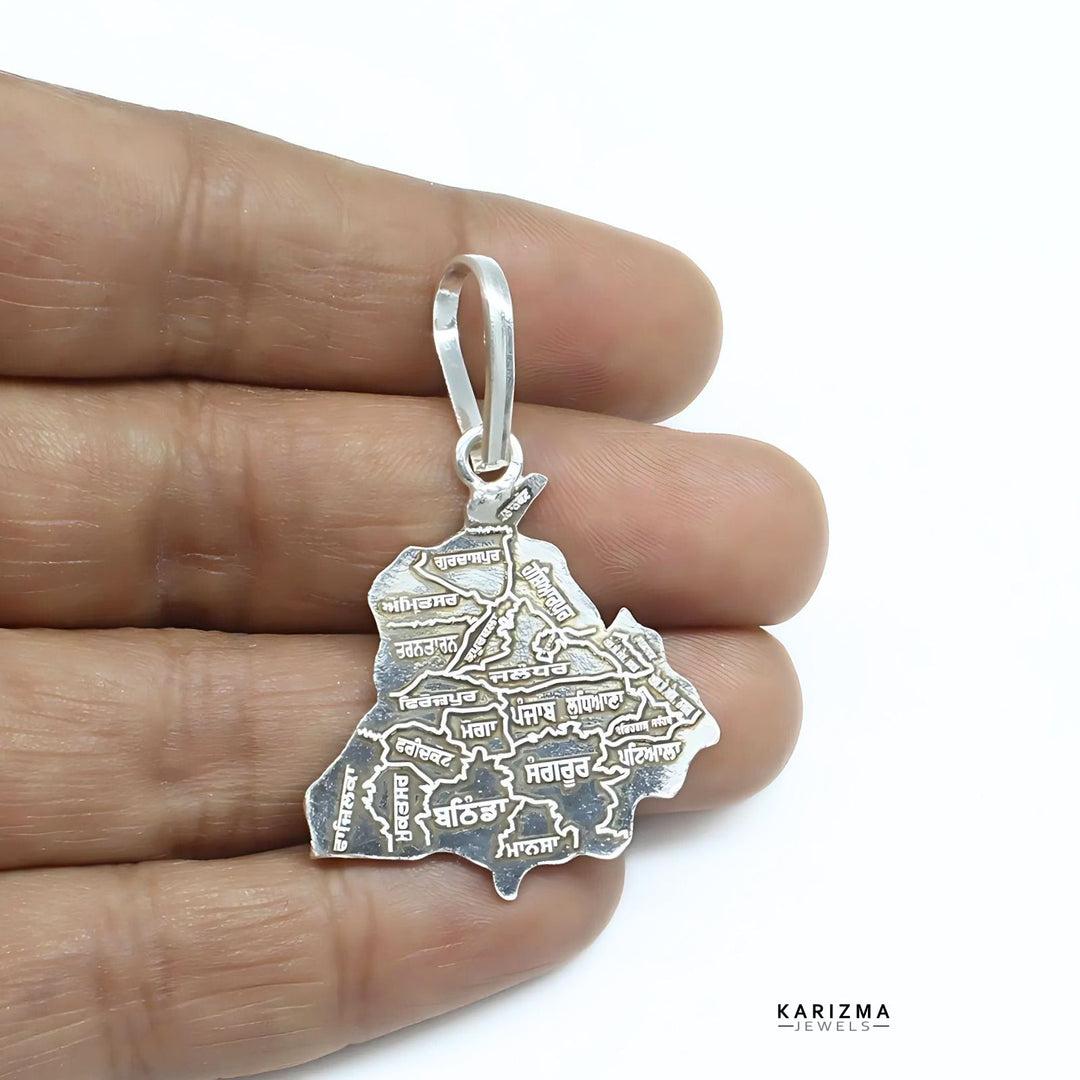 Real Silver Punjab Map with Districts in Punjabi Language pendant