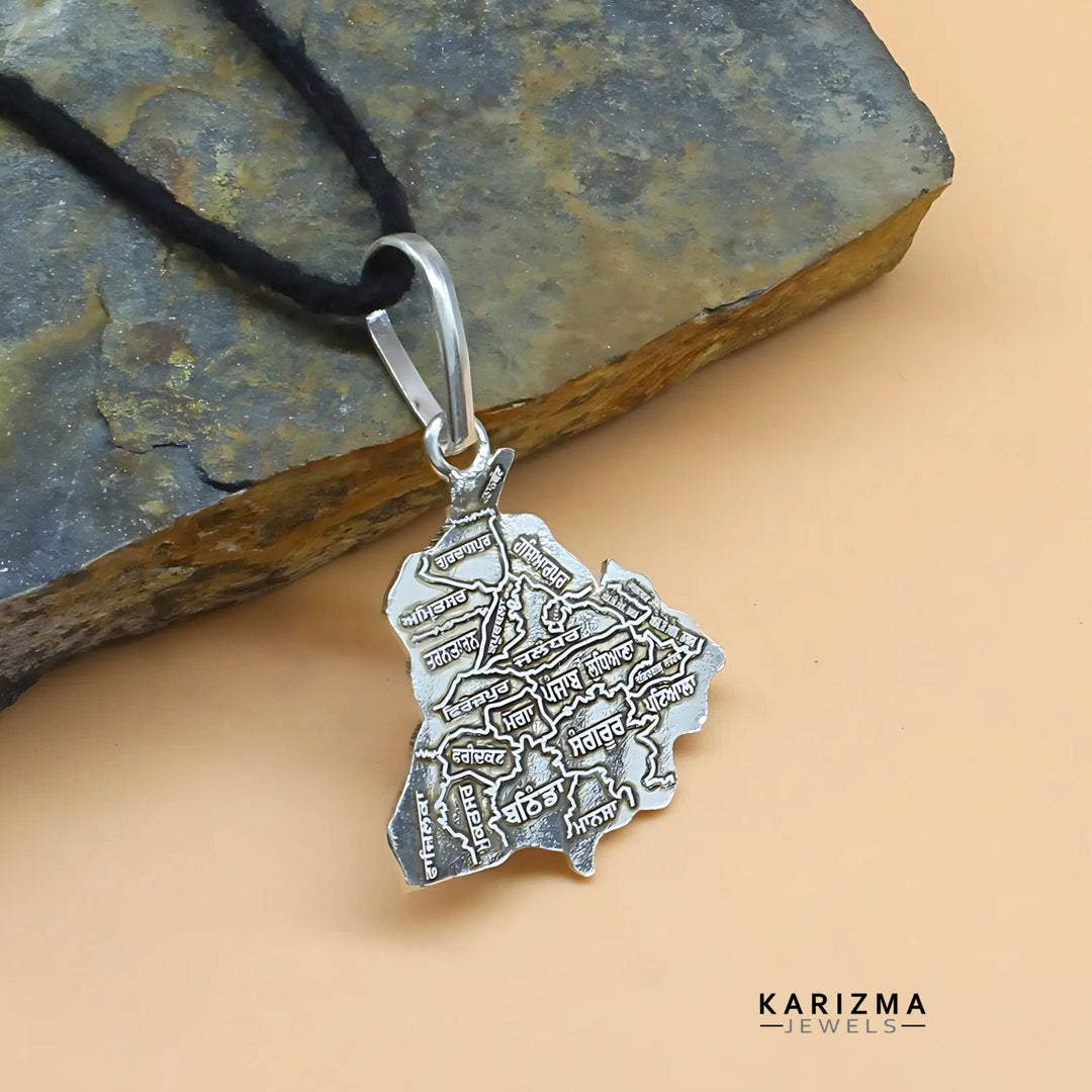 Real Silver Punjab Map with Districts in Punjabi Language pendant