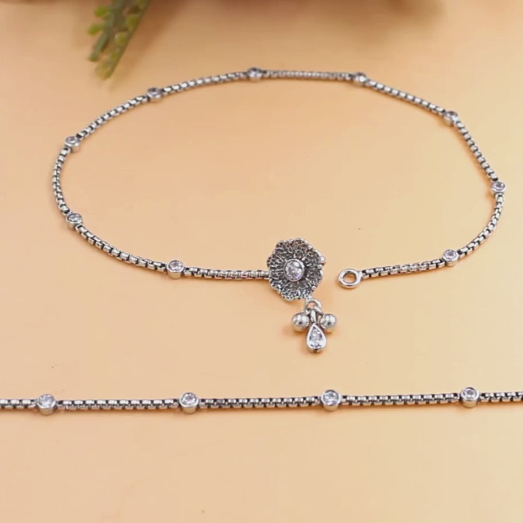 925 Sterling Silver White CZ Oxidised Daily Wear Anklet Pair 10.3"