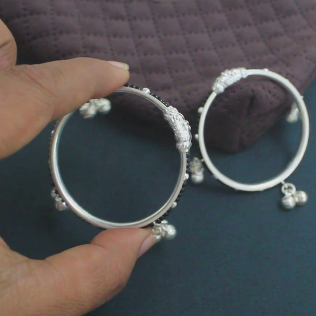 Real Silver amazing Black Beads Nazariya kids Bangles Bracelet With Jingle Bells - Pair