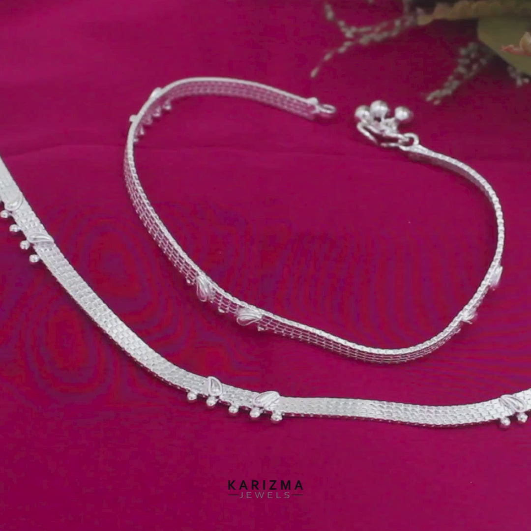 Real Silver Belt Pattern Women Anklet Pair 10.3"