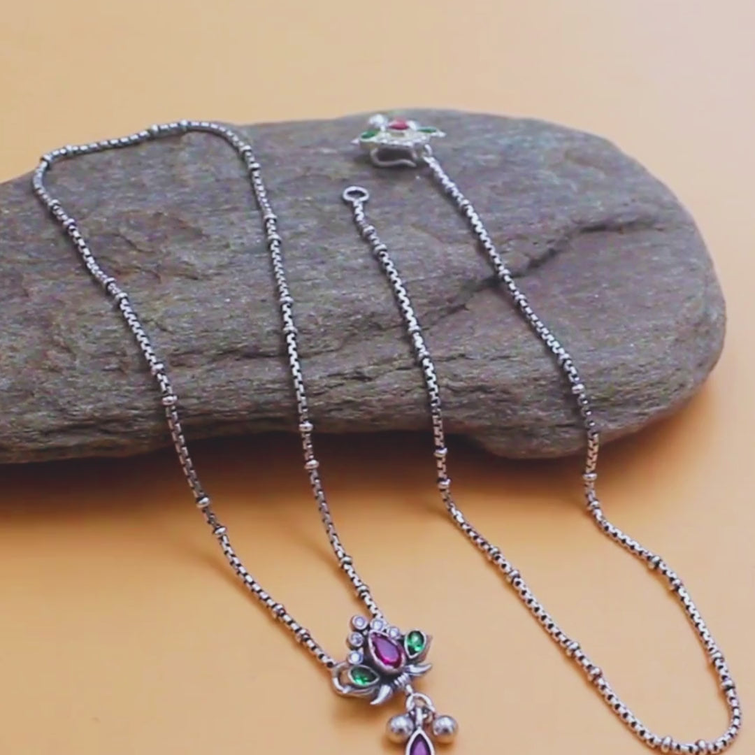 Daily wear 925 Sterling Silver Multi CZ Oxidised Anklet Pair 10.3"