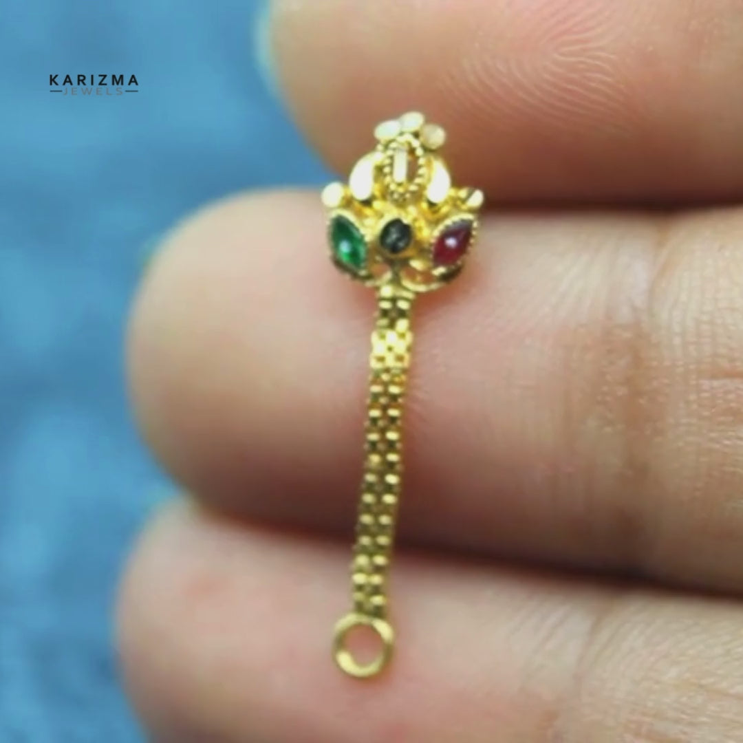 Traditionally 14k Real Gold Indian Chain Style Dangle nose ring Push Pin