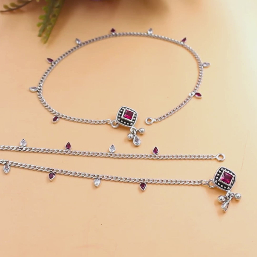 925 Sterling Silver Pink White CZ Oxidised Diva Drops Anklet Pair 10.3"