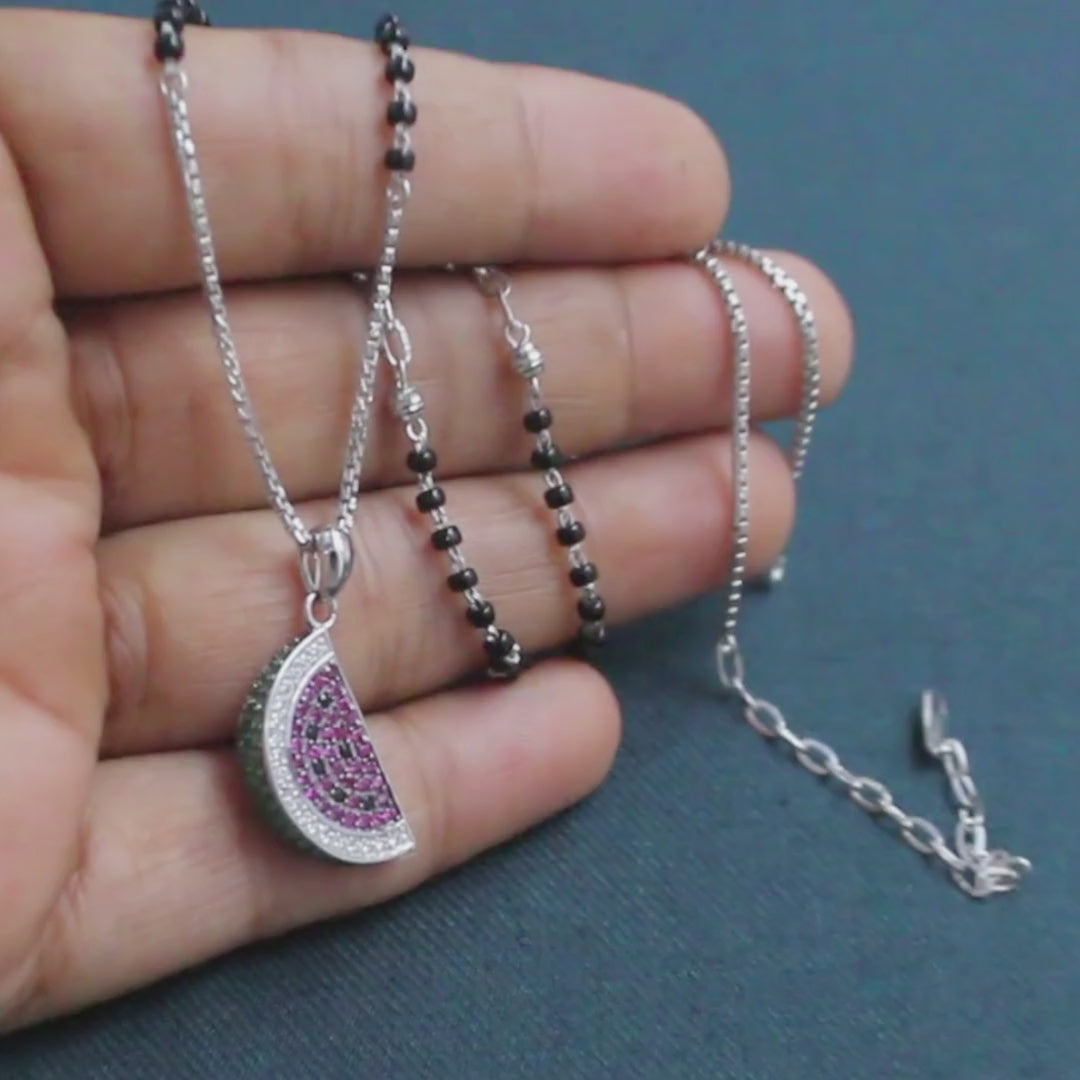 925 Sterling Silver CZ Watermelon Charms Black Beads Mangalsutra women chain for wife
