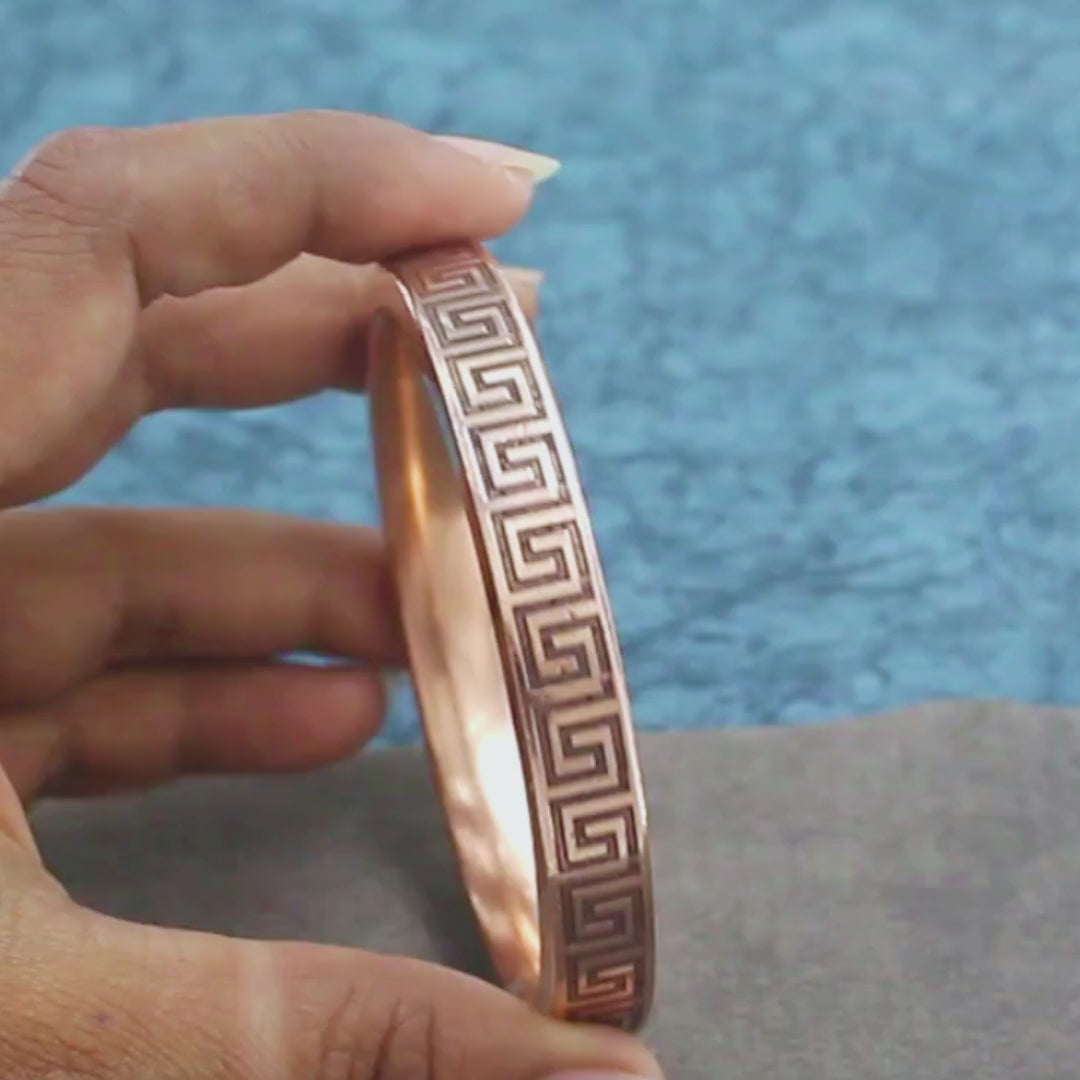 Heavy Flat Greek Key Pattern Engraved Copper Kada for Men