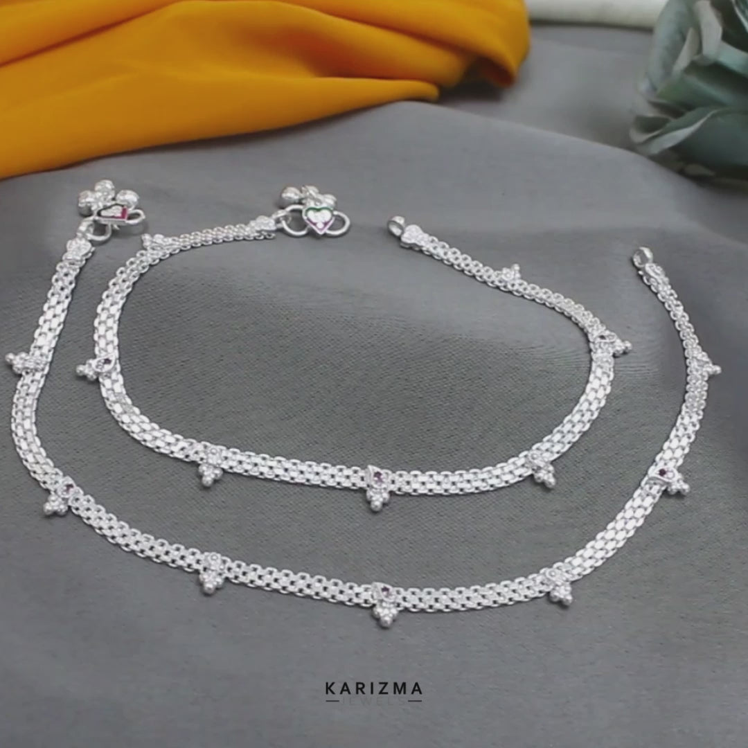 Real Sterling Silver Pink CZ Layered Charm Anklet 10.3 in