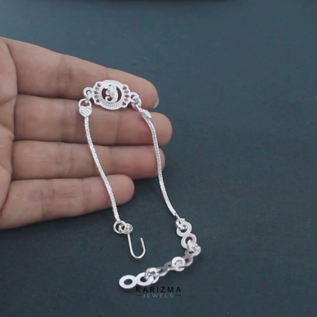 Real Silver Bracelet Multi CZ Ganesha Rakhi 5.8"