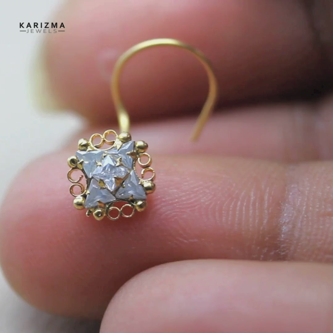 Floral Gold Plated Nose Stud White CZ Twisted nose ring 24g