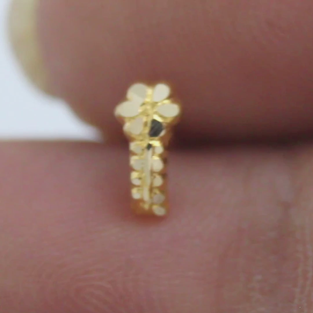 Indian-style Vertical Flower 18K Real Gold Push Pin Nose Stud