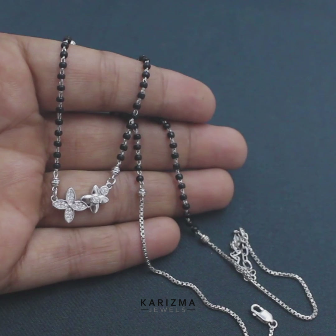 925 Sterling Silver Flower CZ Mangalsutra Black Bead Necklace