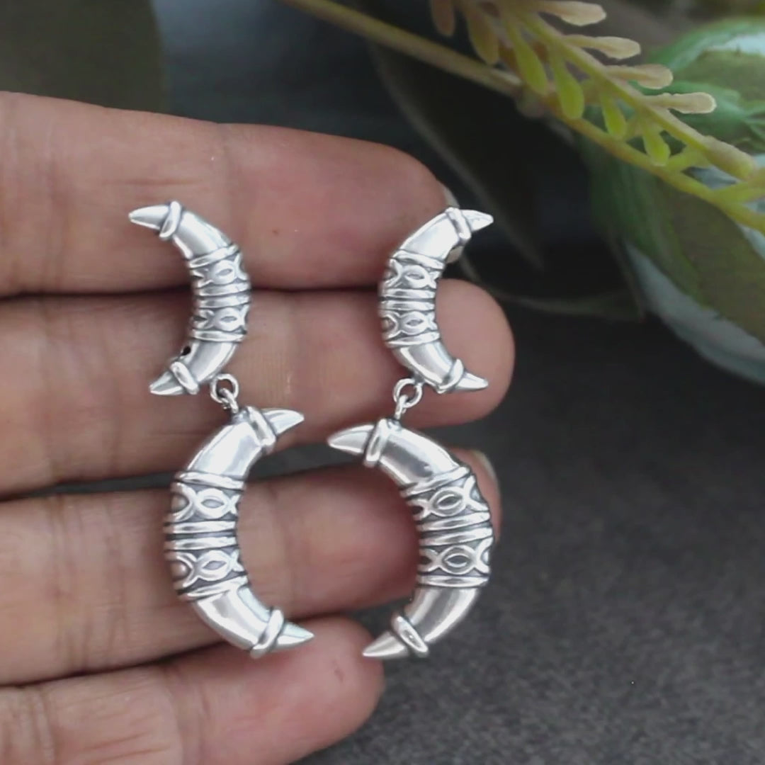 925 Sterling Silver Oxidised Tribal Claw Half Hoop Stud Earrings