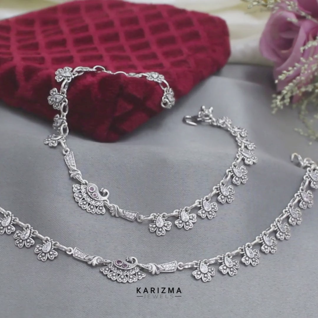 Flower design 925 Sterling Silver Pink White CZ Oxidized Peacock Anklet Pair 10.3"
