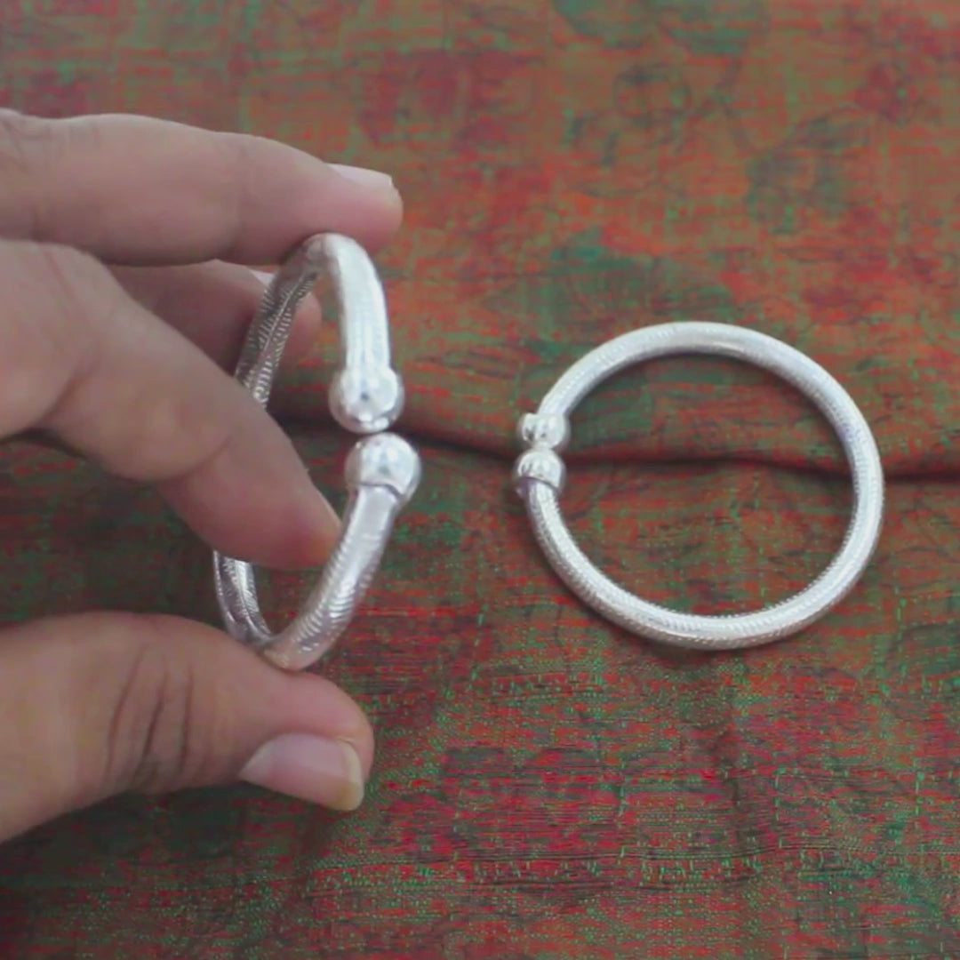 Textured Hollow Pipe Real Silver Kids Kada Pair