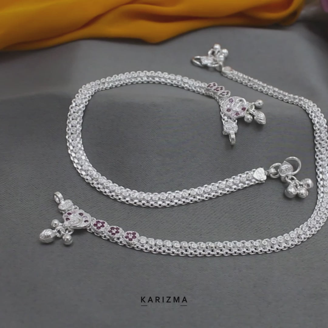 Real Sterling Silver Pink CZ Indian women handmade Anklet Ankle Bracelet 10.3"