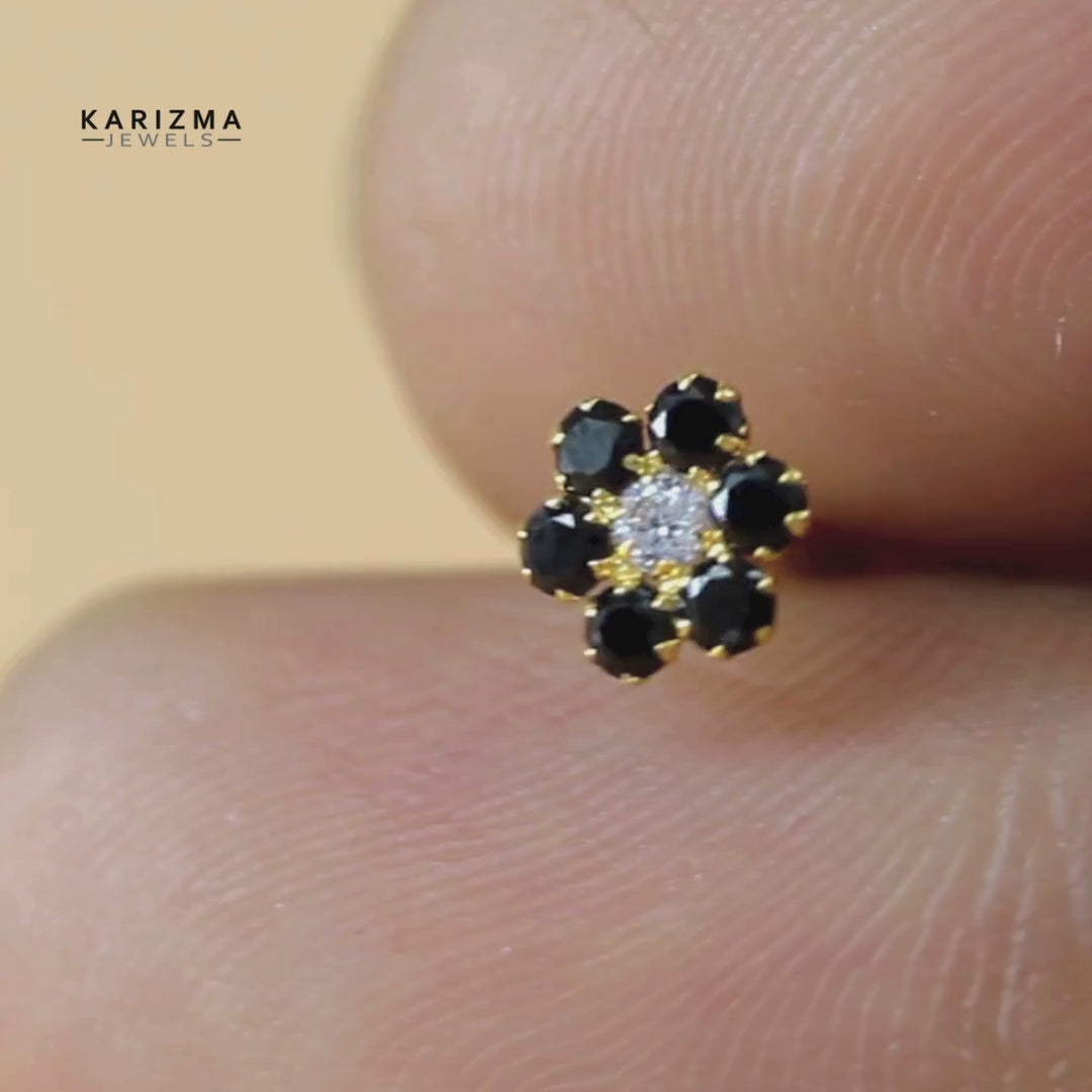 Small Flower Style 18K Real Gold Black White stone Nose stud with Push Pin