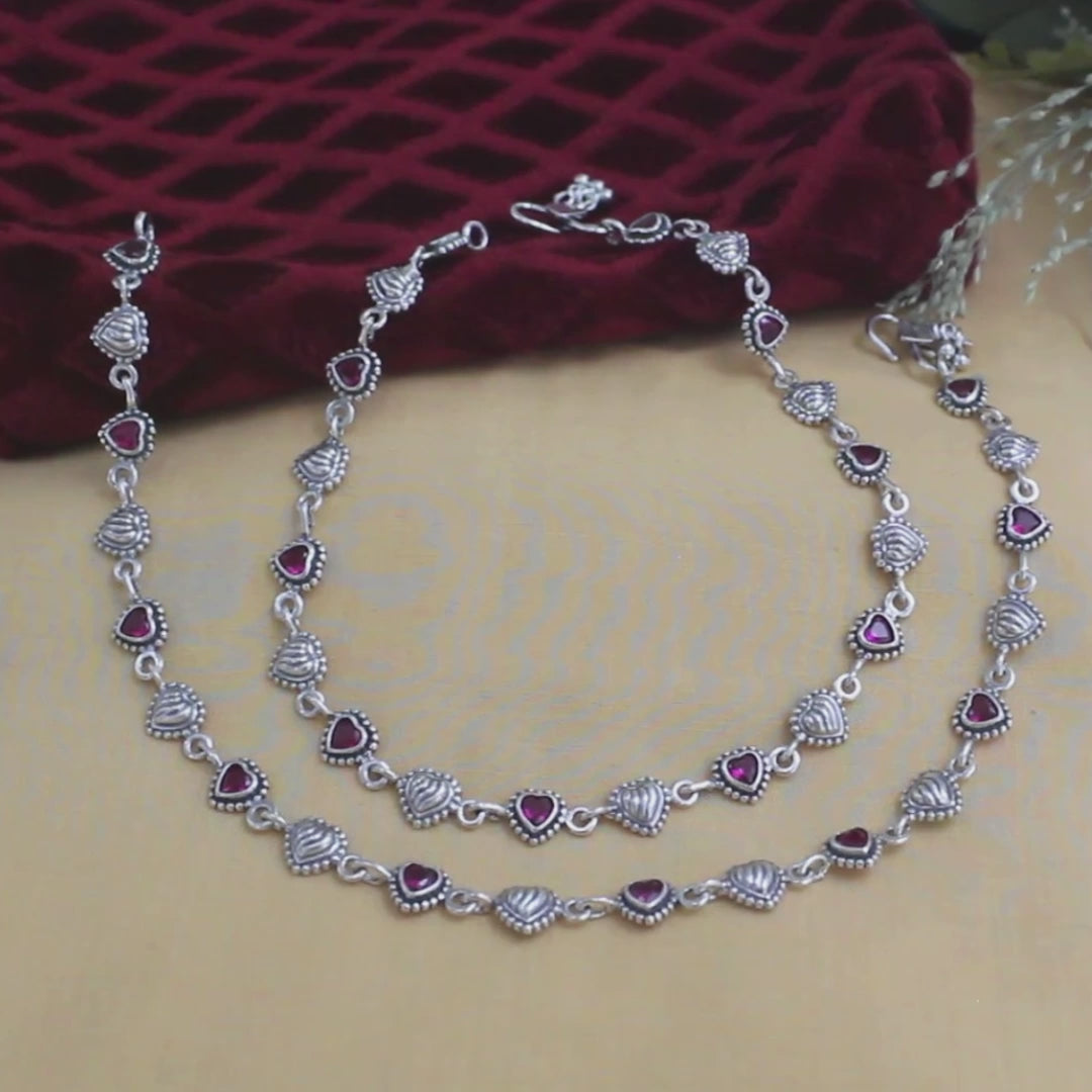 Cute Heart 925 Sterling Silver Pink CZ Oxidized Anklet Pair 10"
