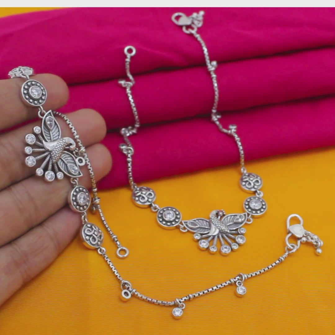 925 Sterling Silver Oxidized Peacock Design White CZ Anklet Pair – Spreading Feathers