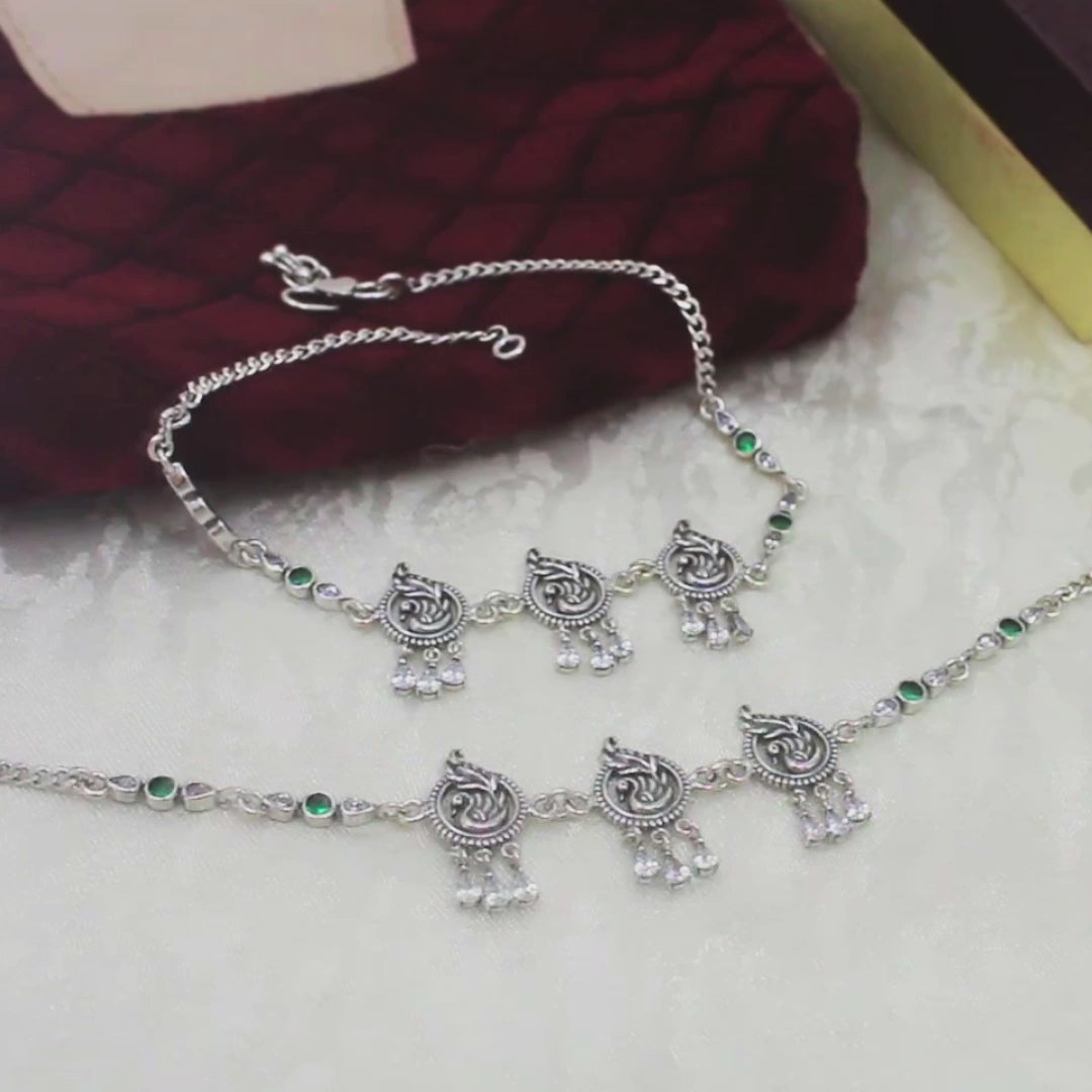 Unique Peacock design 925 Sterling Silver Green white CZ Oxidized Anklet Pair 10.3"