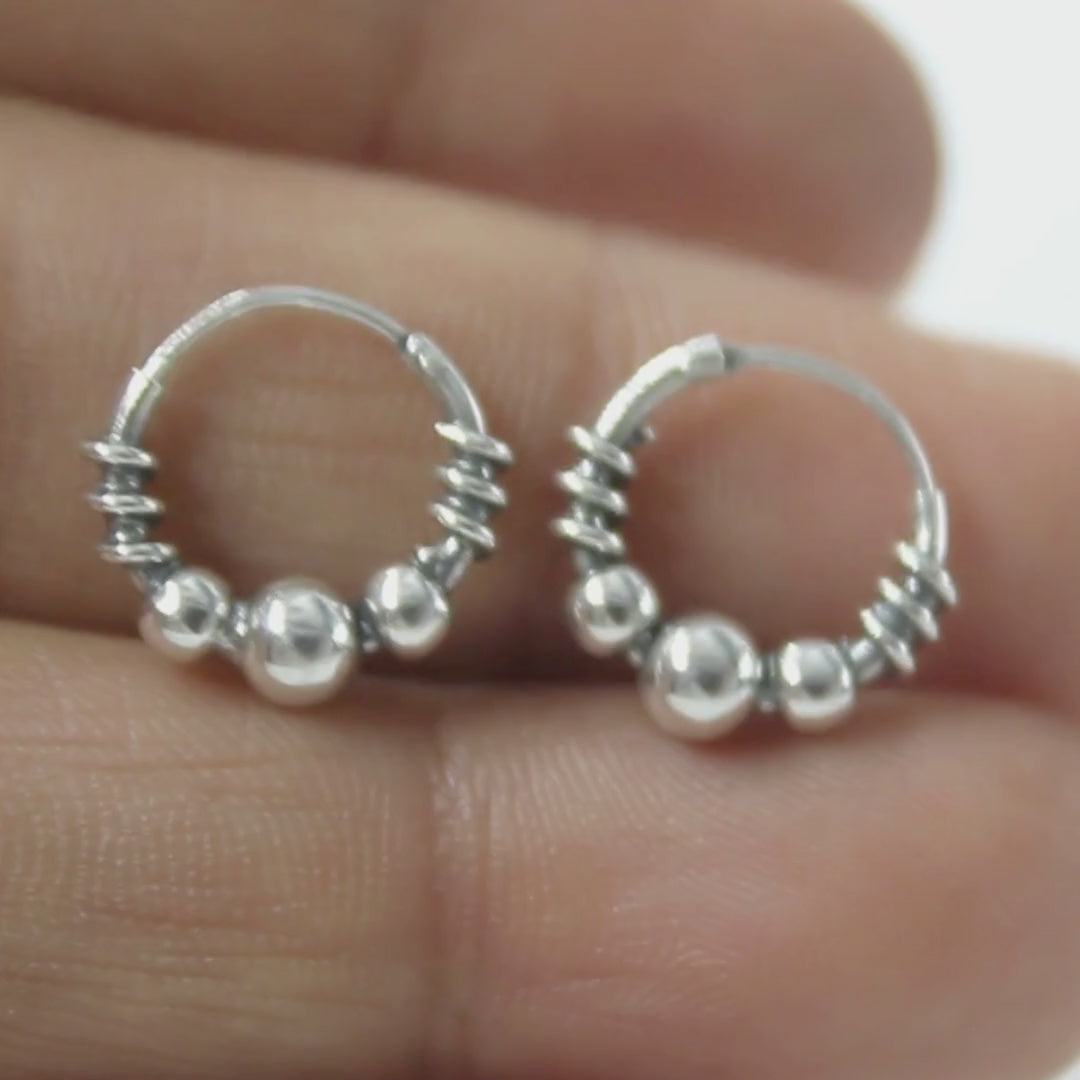 925 Real Sterling Silver Oxidized Bead bali hoop earrings for women - Pair