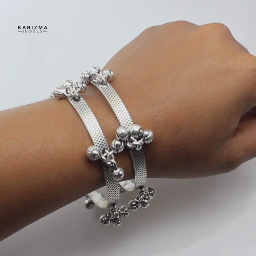 Ethnic Real Sterling Silver with jingle Bells Women Oxidized Bangles Pair