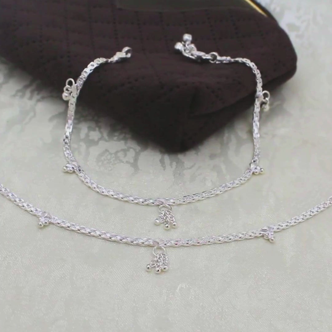 Real Silver Beautiful floral charm detailing Women Anklet Pair 10.3"