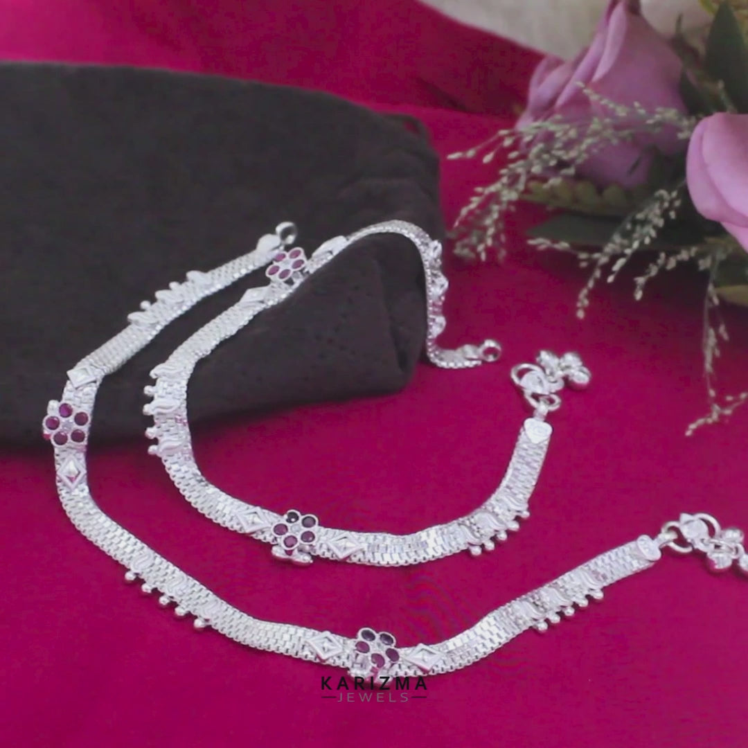 Real Sterling Silver Indian women Pink White CZ handmade Anklet Ankle Pair 10.3"