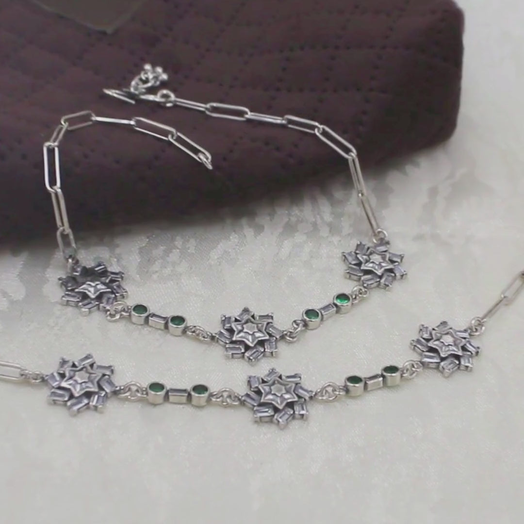 Elegance 925 Sterling Silver Green White CZ Oxidised Anklet Pair 10.3"