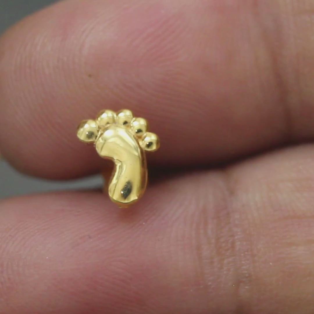 18K Real Solid Gold unique trendy Feet Nose stud cum Earring Gold Screw Back