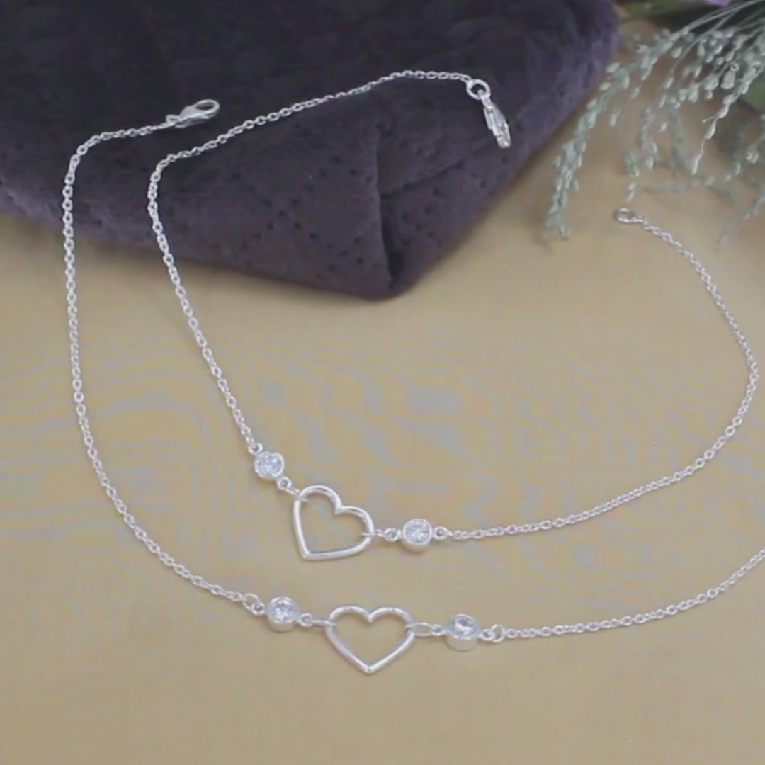 Dainty 925 Sterling Silver girlish White CZ heart Chain Anklet Pair 10.3"