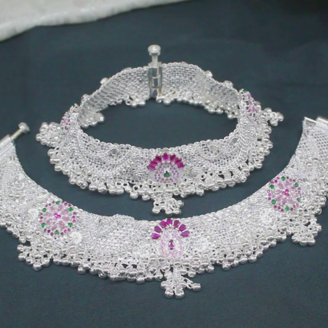 Indian Statement Bridal Real Silver Peacock Motif Cubic Zirconia Jingle Bells Anklet- Pair