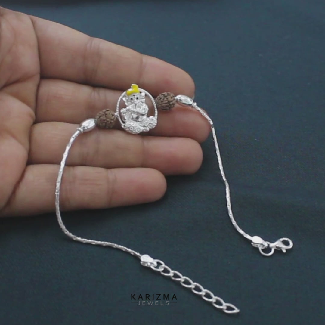 925 Real Sterling Silver Bracelet Rudraksha Ganesha Rakhi 7.5"