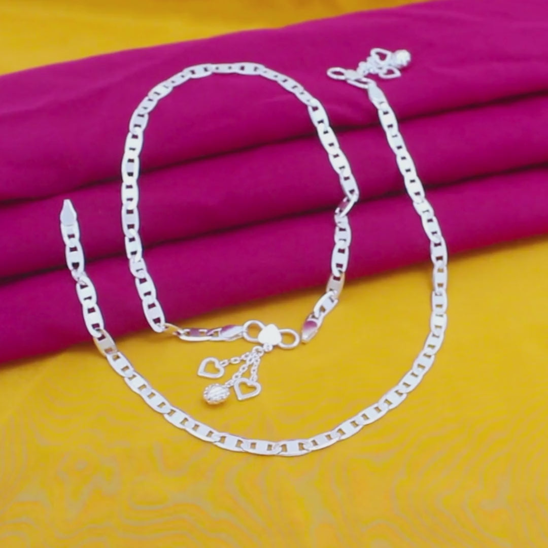 925 Sterling Silver Women Flat Mariner Link Chain Anklet Pair 10.3"
