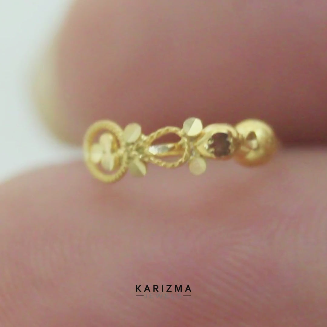 18K Real Gold Indian Traditional Vertical Flower Motif Hoop Nose Ring