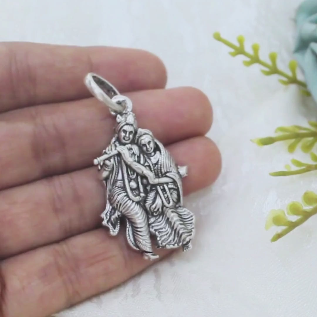 925 Real Sterling Silver Oxidized Antique Design Radha Krishna Pendant