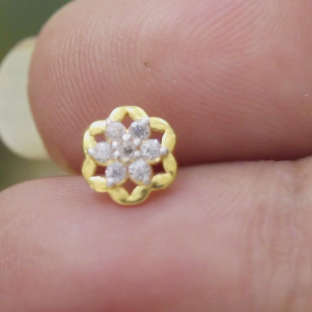 18K Real Gold Indian Women White CZ Flower Dainty Nose stud nose ring Push Pin
