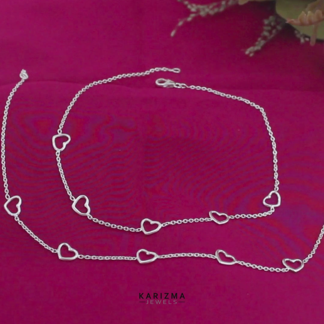 Boho style  925 Sterling Silver girlish five hearts chain Anklet Pair 10.3"